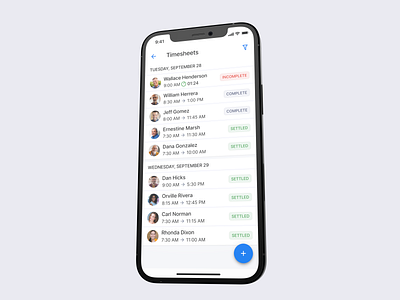 Timesheets clock in interface ios iphone list material mobile product design time tracker timer timesheets ui users