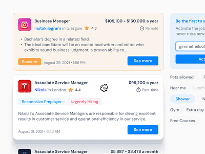 Job Search Cards - Figma UI Kit cards chips figma filters freelance job app job finder job listing job platform job search remote jobs resume search ui kit vacancies