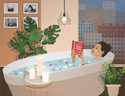 Woman #1 | Relaxing in the bath with a book art beauty card commission commissions design fashion feminine flat flat illusrtation girl hotel illustration modern relax salon spa trendy vector woman