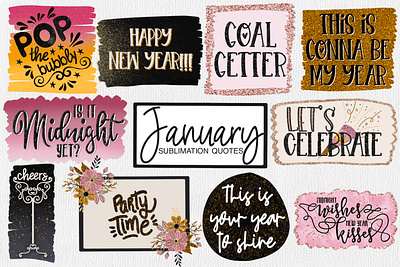 January Sublimation Quote Bundle | New Year Sublimation black and gold png quote