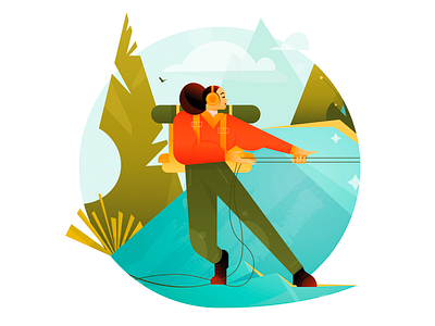 A woman pulling a rope feminism flat geometrical gradient hero illustration hike hiking illustration jamoora landing page minimal mountain nature pine tree sport team teamwork vector woman woman art