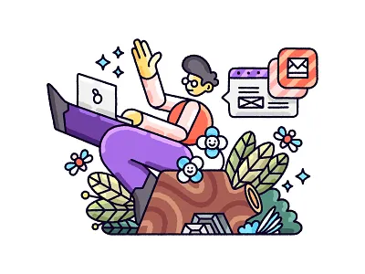 Working Remotely illustration laptop man outdoors plants remote remote work stump working