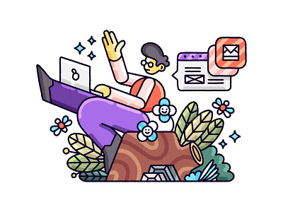 Working Remotely illustration laptop man outdoors plants remote remote work stump working