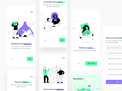 Researchbox Onboarding screens 2d app clean colorful design edtech illustration login minimal mobile onboard product research san francisco ui ux