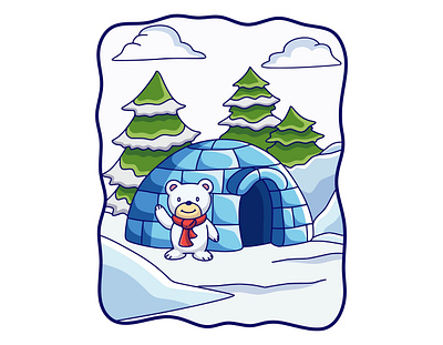 Cartoon illustration polar bear standing in front of his house happy