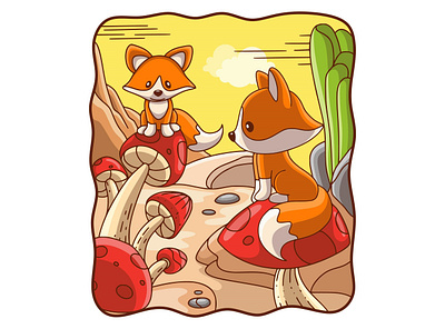 Cartoon illustration two foxes sitting on a mushroom comic