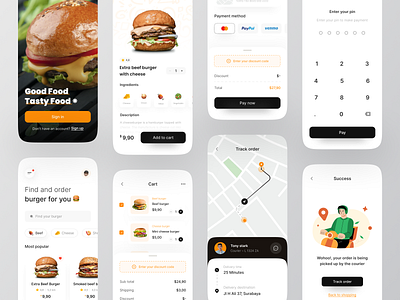 BurgerQueen 👑 ~ Food app delivery full version burger clean flutter food good for sale gumroad home screen ios mobile mobile app mobile deign orange product shop splash screen splashscreen ui design ui ux