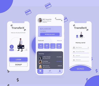TransferX, A Banking App adobe xd app design balance banking app banking card credit card digital banking fintech mobile app mobile banking mobile design mobile interface prototype saas product spendings money transfer ui ux visual identity