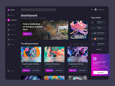 Digart - NFT Marketplace Dashboard artwork buy clean cryptocurrency darkmode dashboard design digital art ethreum marketplace nft nft dashboard nfts sell ui ui design uiux web design website