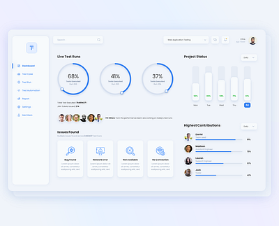 Testing Automation Tool Dashboard app card chart dashboard design dropdown icon progress bar typography ui ux