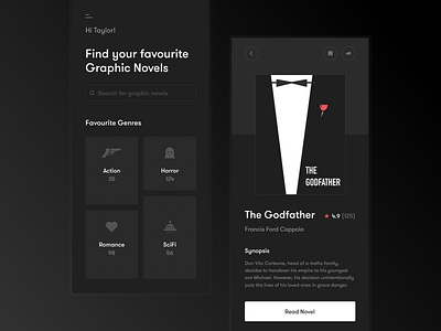 Graphic novel app app black classic clean dark dark mode dark theme dark ui design graphic graphic design graphic novel minimal mobile mobile app mobile ui movie product ui ux