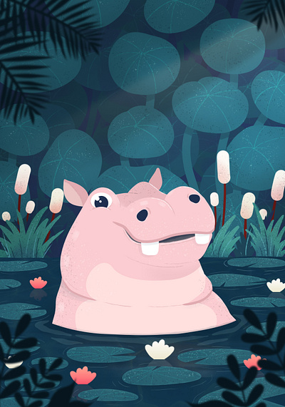 Pink Hippo on a Swamp animals art cute hippo illustration wildlife