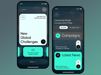 Water Conservation App campaigns eco awareness eco friendly ecology environmental app environmental education futuristic design global challenges green life greenery health interactive map interface design mobile app sustainability ui unique design water conservation water quality water saving