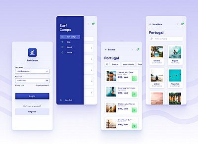 🏄‍♀️ Surf Camps Mobile App • Find your Surf Camp app design daily 100 challenge dailyui dailyuichallenge design mobile mobile app surf camps surfer surfing ui design ui designer uiux