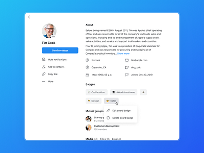 Openland - Badges and Profile about actions apple awards badges bio clean dashboad group information interface light theme message popup profile startup tech ui user ux