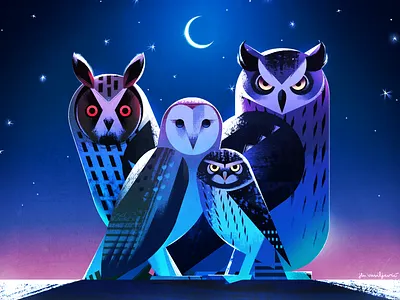 Owl gang art barnowl bird digitalpainting drawing eagleowl illustration longearedowl nature night owl