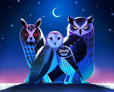 Owl gang art barnowl bird digitalpainting drawing eagleowl illustration longearedowl nature night owl