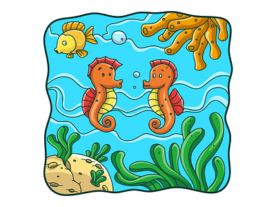 Cartoon illustration two seahorses and one fish icon