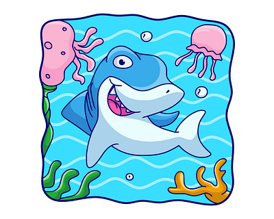 Cartoon illustration sharks and jellyfish angry