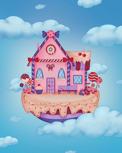 Candy House architecture blue cake candy candy house cherry clouds concept digital 2d digital art donut flat house illustration illustrator lollipop pink sky sweet sweetmeats