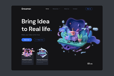 Dreamer UI concept 3d design landingpage ui web