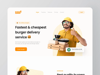 BurgerQueen 👑 ~ Food app delivery website animation breakfast burger clean design food interaction landing landing page landingpage orange principle shop ui design ui ux web website yellow