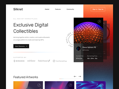 Silknet - NFT Marketplace Landing Page 3d app artwork bitcoin blockchain crypto cryptoart eth landing page marketplace modern nft sleek website