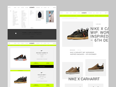 5 POINTS | Drops, Navigation + Blog Detail brutalist clean e commerce header homepage independent minimal online store shopify streetwear ui ux volt green web design website website design