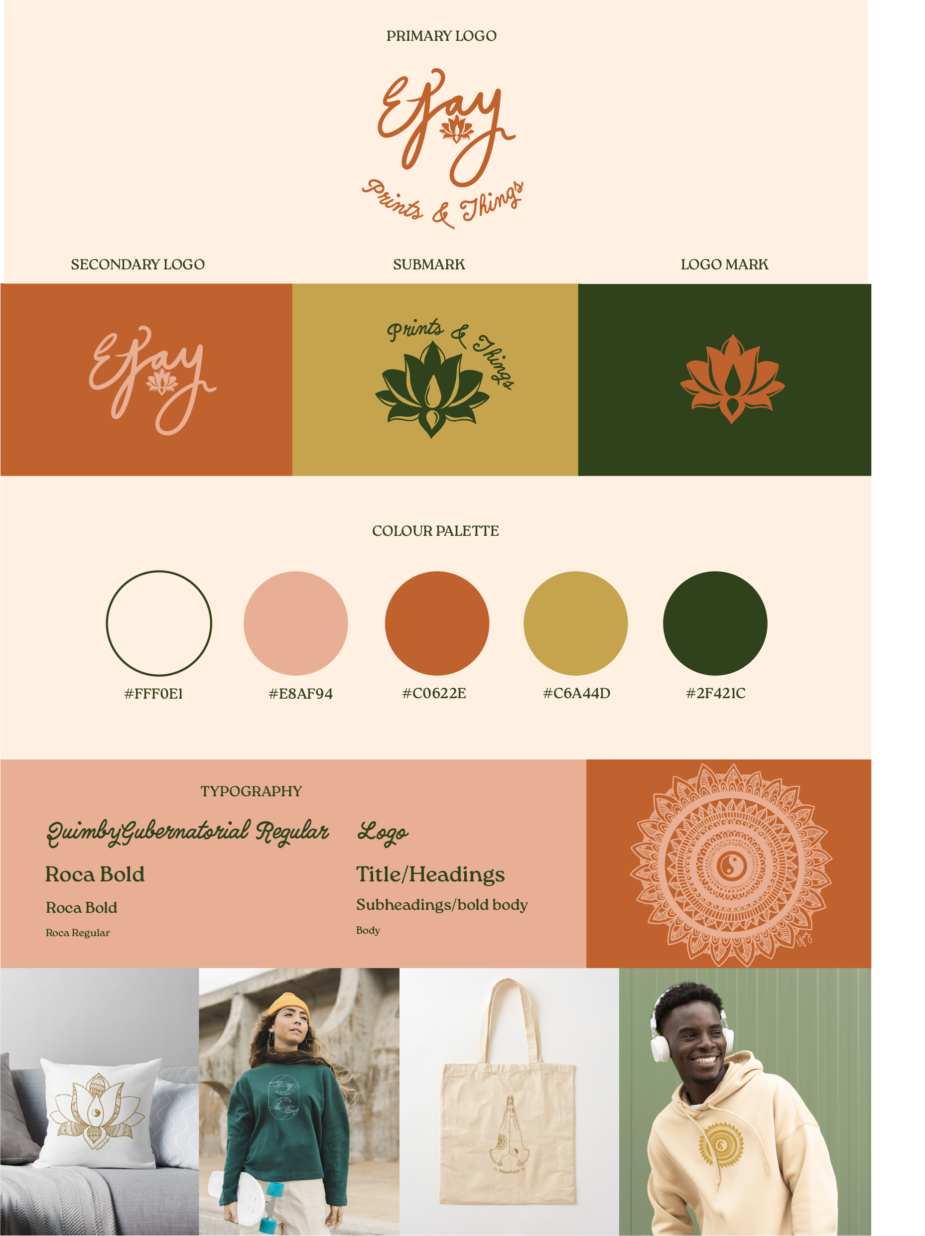 Clothing Brand - Client Project brand guidelines burnt orange business card clothing brand deep olive green flyer graphic design illustrator logo design lotus lotus logo mandala photoshop procreate style guide yoga