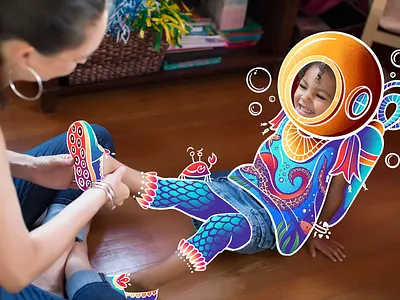 Little Scuba Lady (Zappos Unboxed Brand Illustrations) art artwork bubbles child getting dressed illustration illustrations imagination procreate scuba shoe shoes tentacles underwater zappos