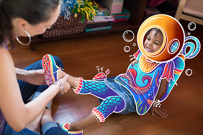 Little Scuba Lady (Zappos Unboxed Brand Illustrations) art artwork bubbles child getting dressed illustration illustrations imagination procreate scuba shoe shoes tentacles underwater zappos