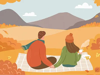 Autumn Picnic autumn background banner couple design digital art fall flat girl illustration love man nature orange park picnic scenery ui woman yellow