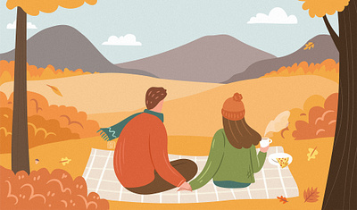 Autumn Picnic autumn background banner couple design digital art fall flat girl illustration love man nature orange park picnic scenery ui woman yellow