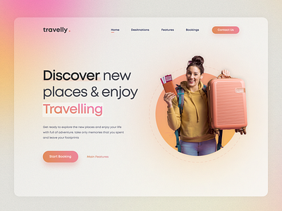 Travelly- header and hero exploration adventure branding design designer freelancer header hero interface landing page logo popular travel trending trip typography ui uiux ux web design website