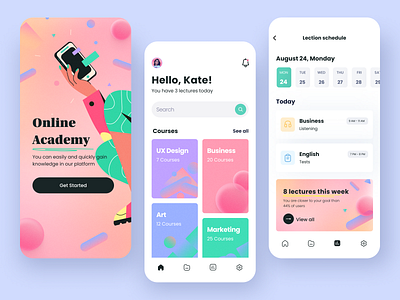 Online Academy - Mobile app arounda cards classes courses design design system education events learning graphic design illustration interface learning logo mobile design notification online courses platform ui ux