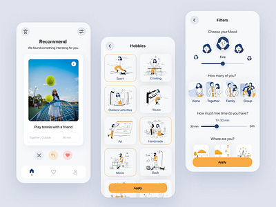 Easy app blue cards comfortable design emotional filters hobbies hobbies interests illustration leisure mobile mood outside place portfolios recommend time ui ux