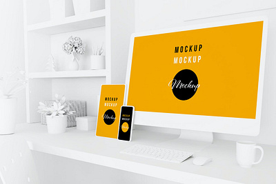 Minimal White Desktop Devices abstract clean device display laptop mac macbook mockup phone phone mockup presentation realisitc simple smartphone theme ui ux web webpage website