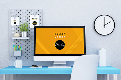 Desktop Computer on a Blue Desk Mockup abstract clean device display laptop mac macbook mockup phone phone mockup presentation realistic simple smartphone theme ui ux web webpage website