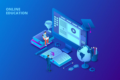 Isometric Online Education Design Concept 3d 3d animation 3d art 3d character 3d illustration app comptuer concept couse design education illustration isometric knowledge logo online page student study ui