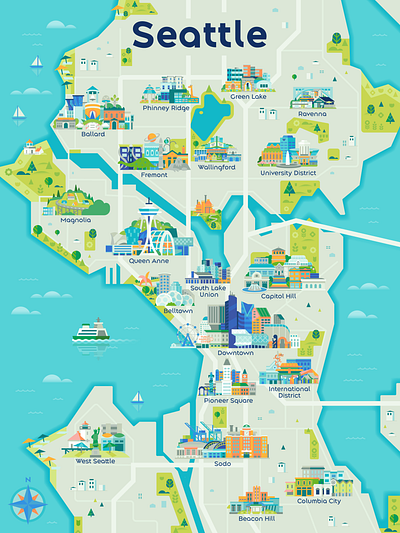 The Emerald City amazon city color design fun geography illustration map mapart microsoft neighborhood northwest ocean pacific seattle thepointstudio travel vector visit washington