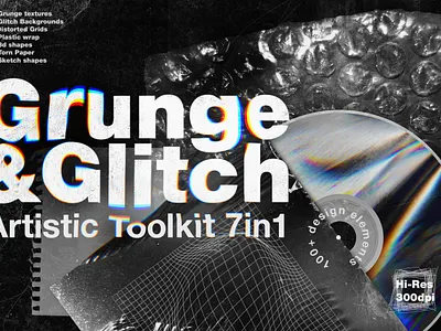 Artistic Toolkit 7in1 80s abstract artistic background bundle classi design dispersion distorted elements glitch grid grunge grungy holographic iridescent kit overlay retro shape