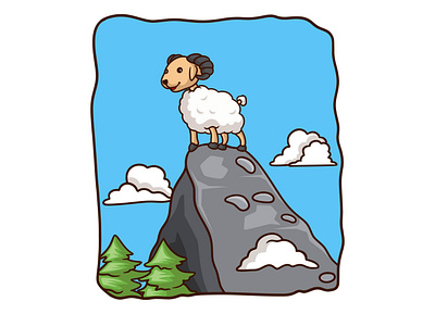 Cartoon illustration the sheep is on the big rock smile