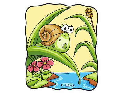 Cartoon illustration snail walking on tree leaves artwork