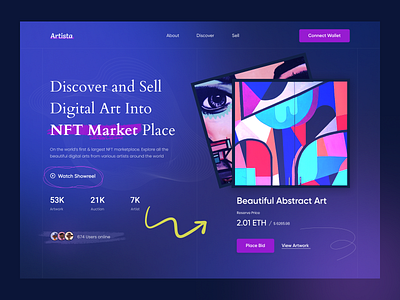 NFT Marketplace Landing Page art bitcoin cryptocurrency design digital ethereum figma interface landing page nft nft landing page nft market place trending ui ux web