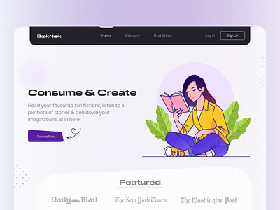 BookNook Concept Landing Page application audiobook author book clean ebook illustration landing page minimal modern ui online book publish reading review typography ui design web web design website writer