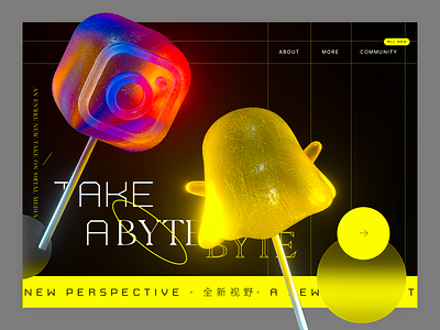 Experimental landing page - Social Lollipop 3d abstract blender cinema 4d experimental funky holographic hyper illustration instagram iridescent landing media model neon playful social ui yellow young