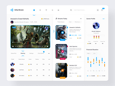 Dashboard design (unity stream _ light) clean daily ui dashboad design designer game graphic design interface minimal mobile ui streams ui uiux unity ux