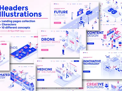 Landing page template on various topics 3d bar business collection data design development document element icon infographic internet isometric layout mobile modern tools ui vector visualization