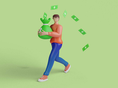 smiley businessman carrying full money 3d character 3d illustrations 3d rendering branding business businessman character dollar investment sign success symbol ui