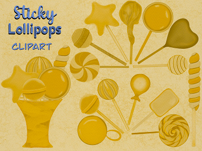 Sticky Lollipops Clipart in Yellow candy design hand drawn illustration lollipop monochromatic